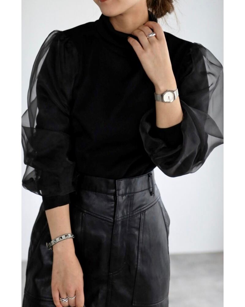 袖オーガンジーリブニットソー