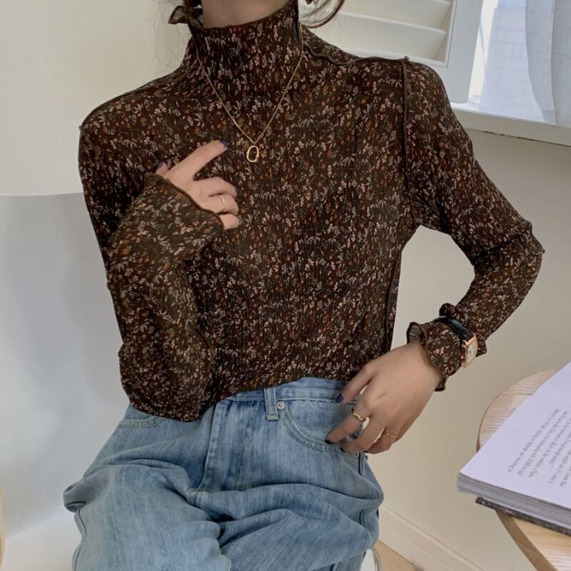 フローラルシフォンシャツ スプリングスタンダードスリム長袖スリーブトップス ロング レトロ 春物 花柄 YY-ファッション4664393553