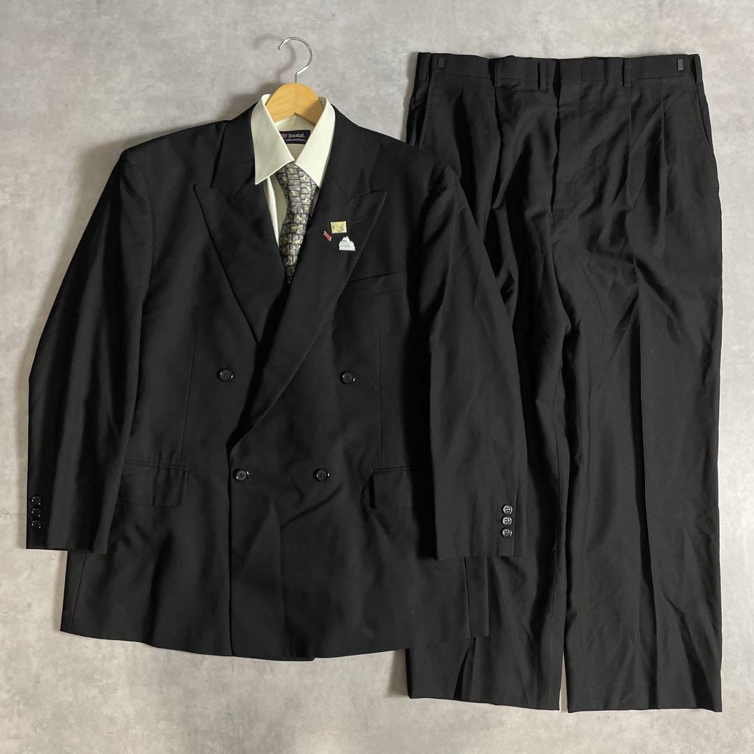 80s-90s スーツ ダブル セットアップ成人式vol.174ブラックグリーン