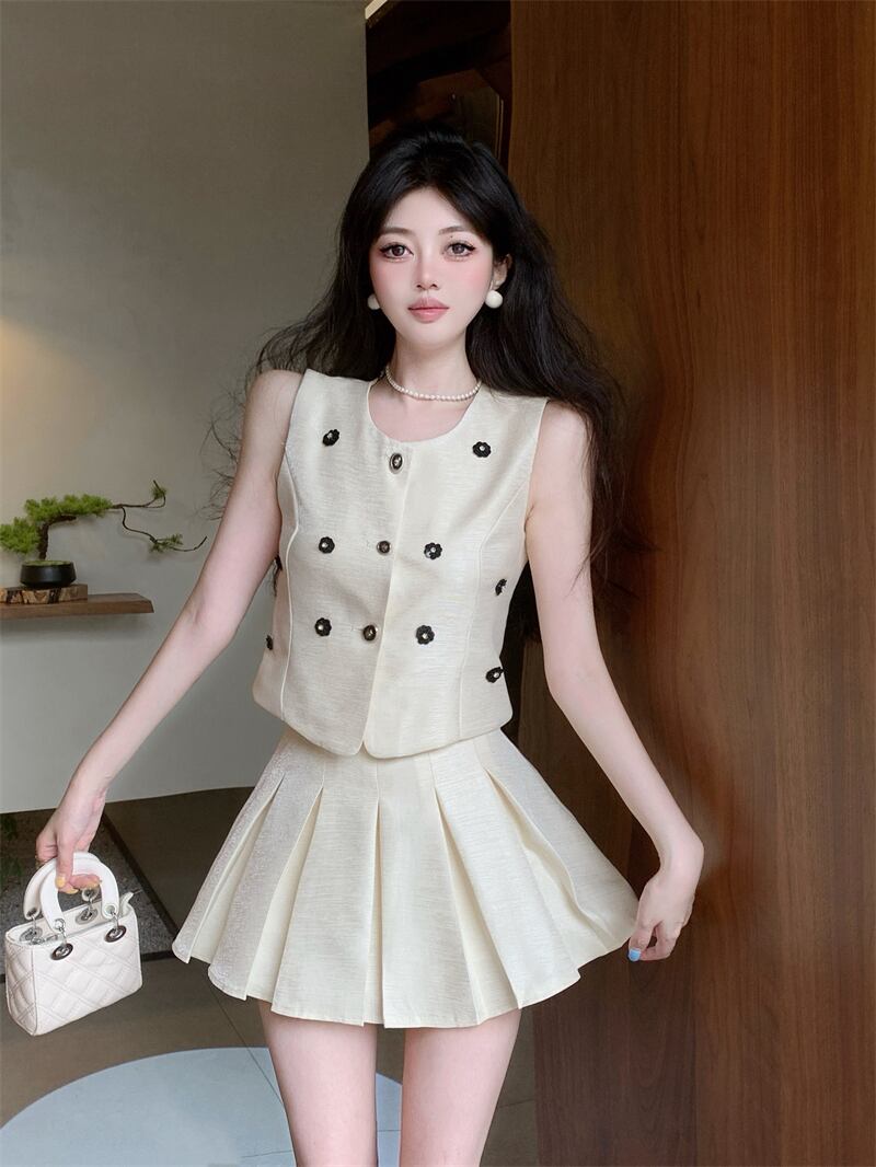 set】立体フラワージレ×プリーツスカートセット M23878 | Pay ID