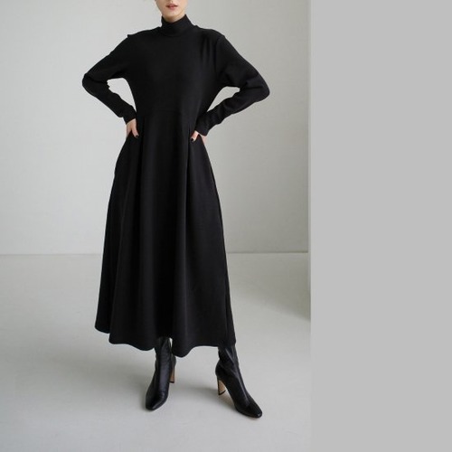 ワンピース ハイネック フレアロング レディース 韓国 ファッション 長袖 秋冬 黒ワンピース 無地 モード ハイネック フレアロング レディース ワンピース 黒ワンピース 無地 ウエスト切り替え