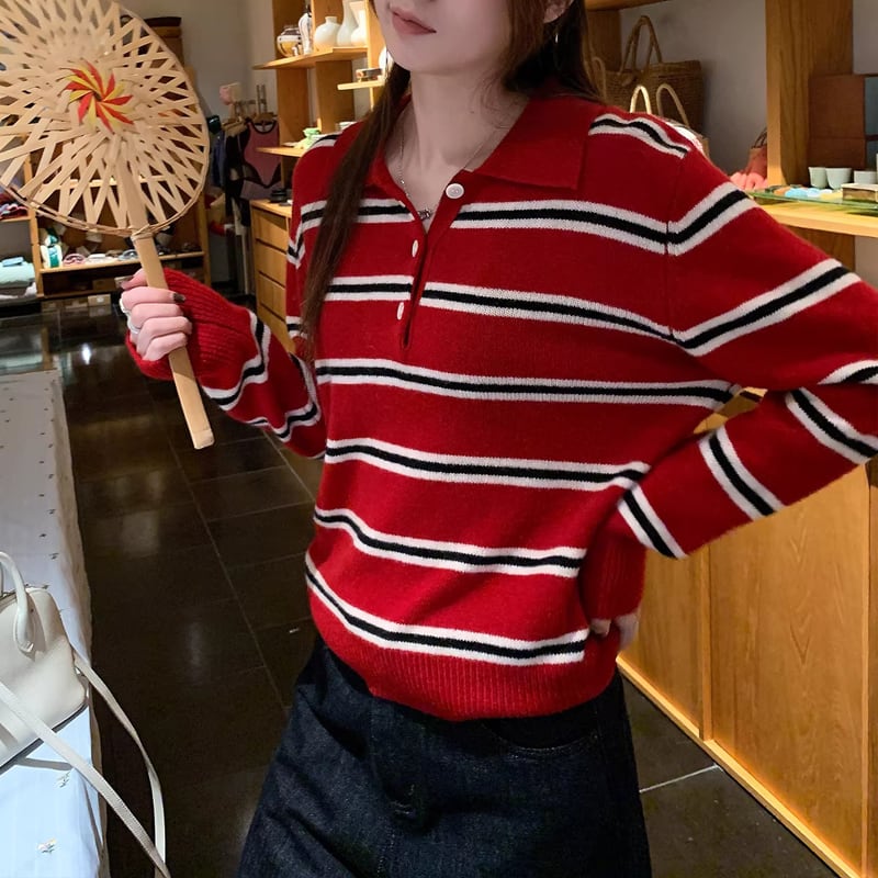 ボーダー柄 長袖 ポロカラー ニットセーター 2color ATO0040