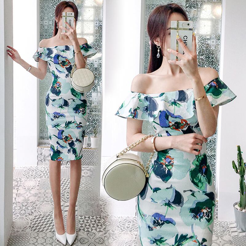 ワンピース 美人度アップ ペプラム 花柄 気質 ボートネックデザイン 女っぽさが漂う グリーン S M L Ll Dresszone