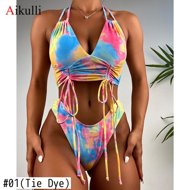 送料無料 2022タイダイプリントビキニセット水着女性セクシーホルター