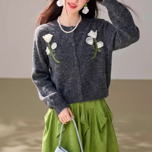シフォンフラワーモチーフニットカーデ ・79459