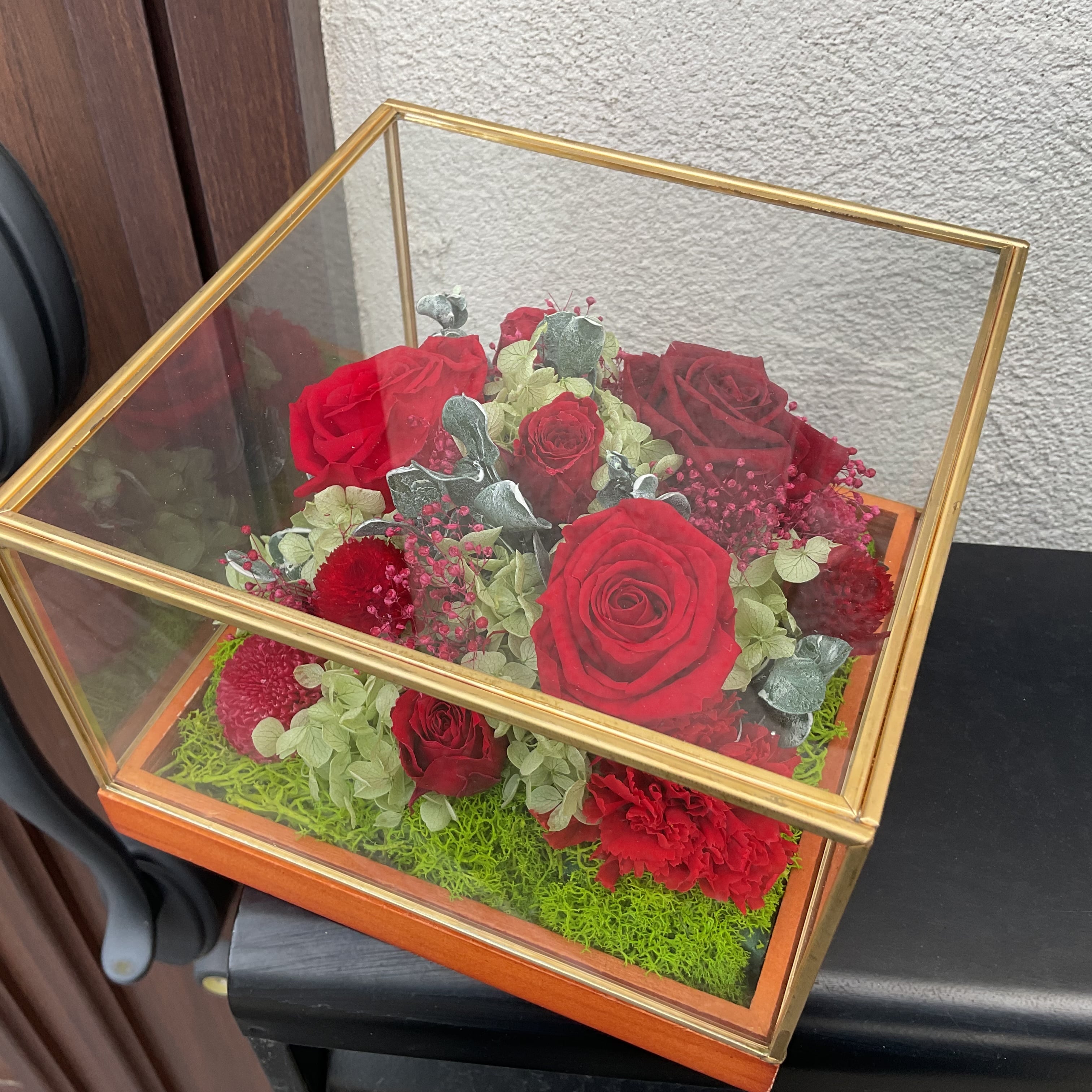 プリザーブドフラワー ガラスケース(正方形・中) ワインレッド