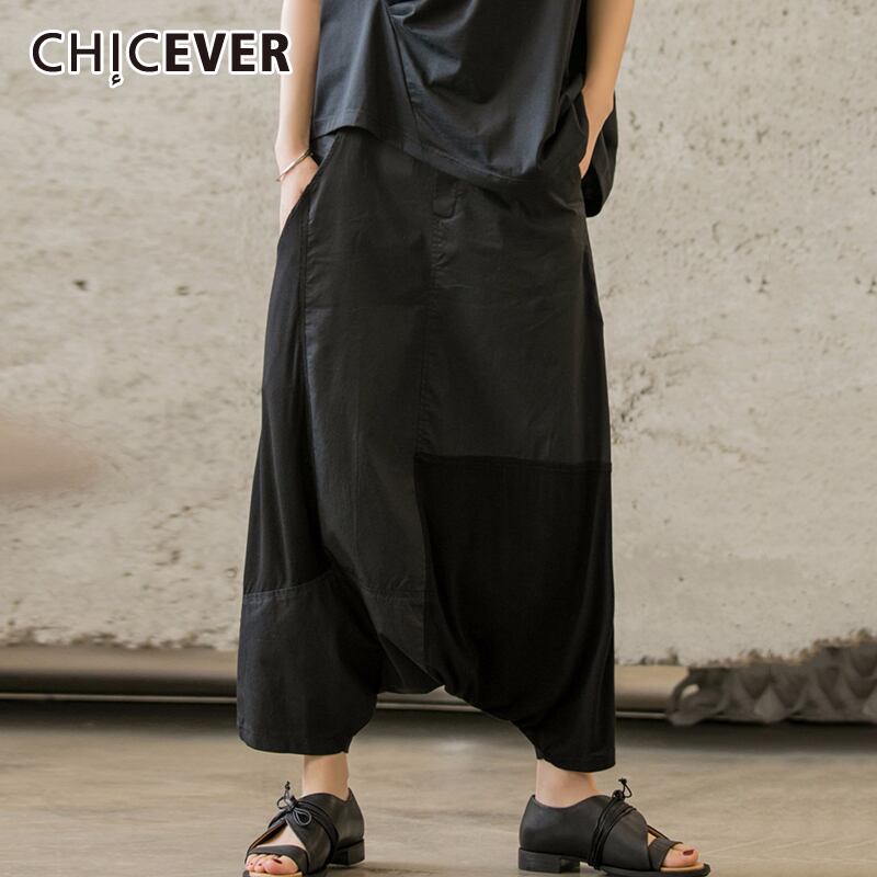 春秋エラスティックウエストルーズブラックヒットカラースプリットジョイントハーレムパンツレディースパンツタイド 伸縮 スプリング 春物 オータム 秋物 6base514784939247