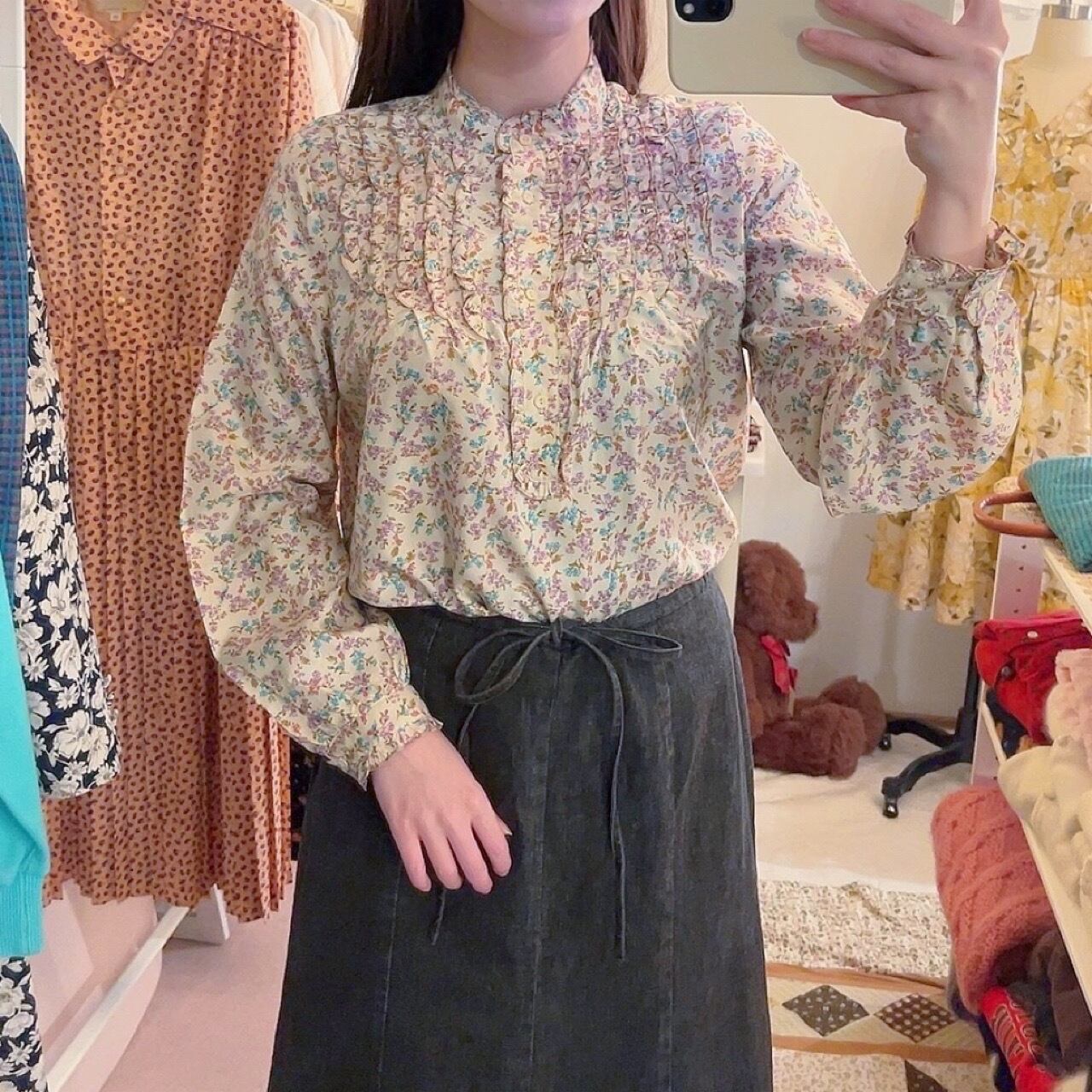 purple blue mini flower stand collar blouse