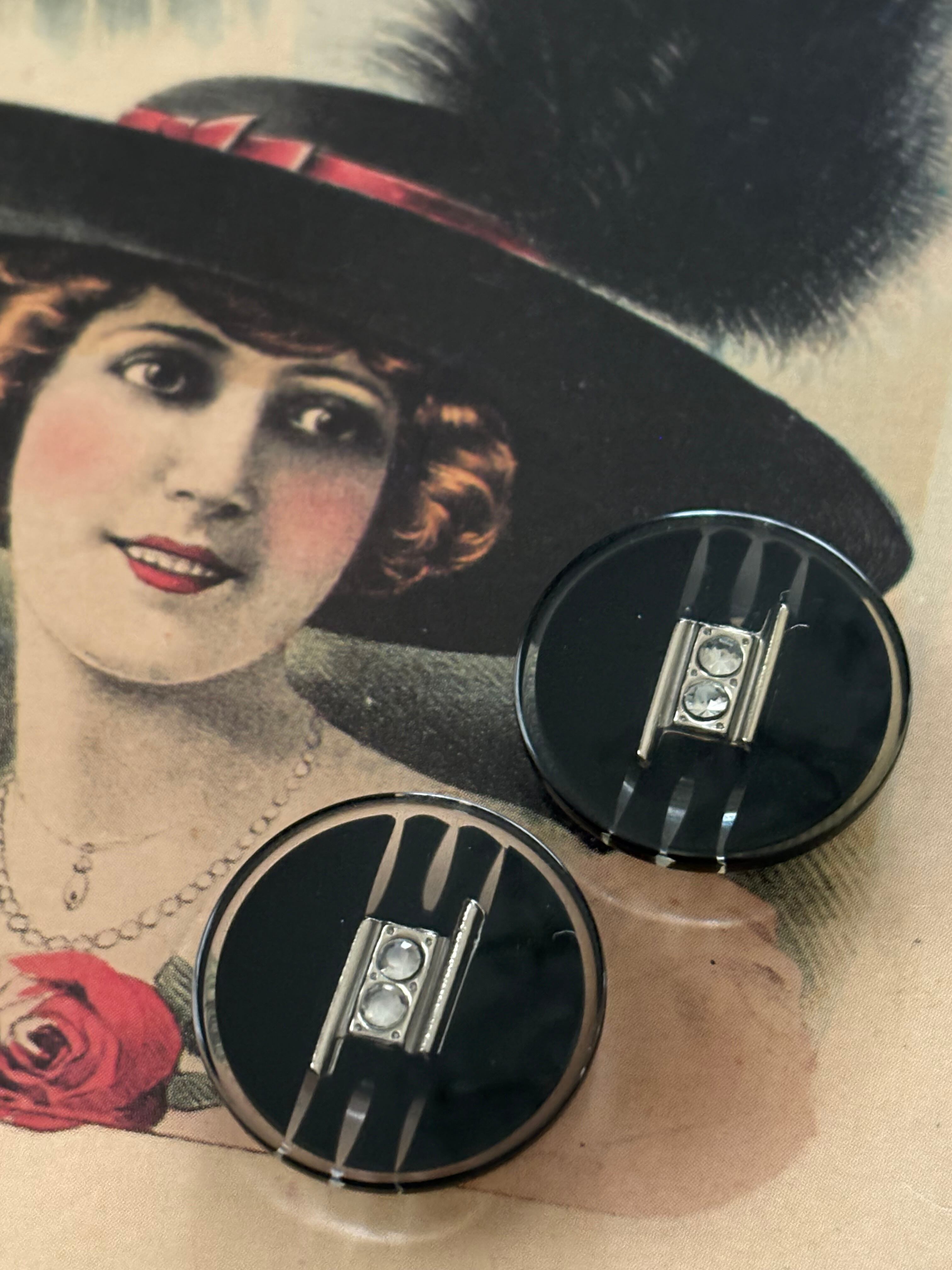 23mm Japanese Vintage ボタン ストーン ブラック×クリア レトロ アクセサリーパーツ カルトナージュ デコレーション