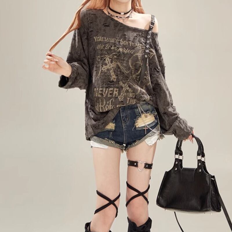 d.i.a オフショルダー長袖トップス グラフィックプリント ロンT tシャツ 肩ベルト オフショルダー グレー グラフィックプリント