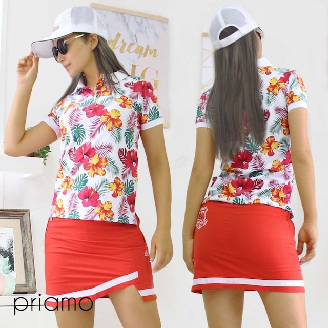 ★【MIRAMARIV GOLF】Botanical flowerポロシャツ　レッド×ホワイト　I-OE4