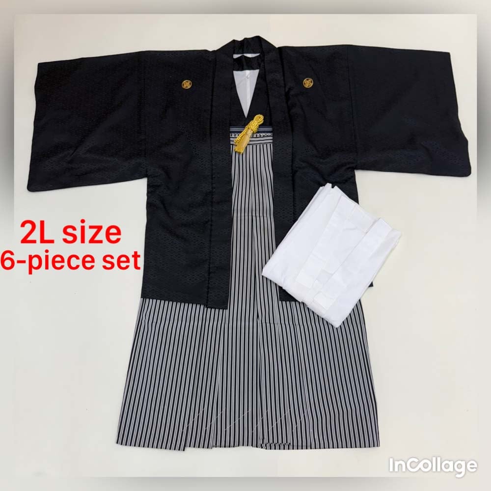 紋付袴 6点セット 着物 羽織 袴 長襦袢 羽織紐 角帯 裄75.7cm 袴丈92cm 2L 黒 五つ紋 中古 4486