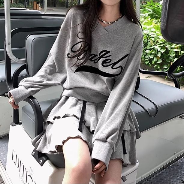 2カラー セットアップ 上下セット Vネック ロゴ トレーナー ティアード