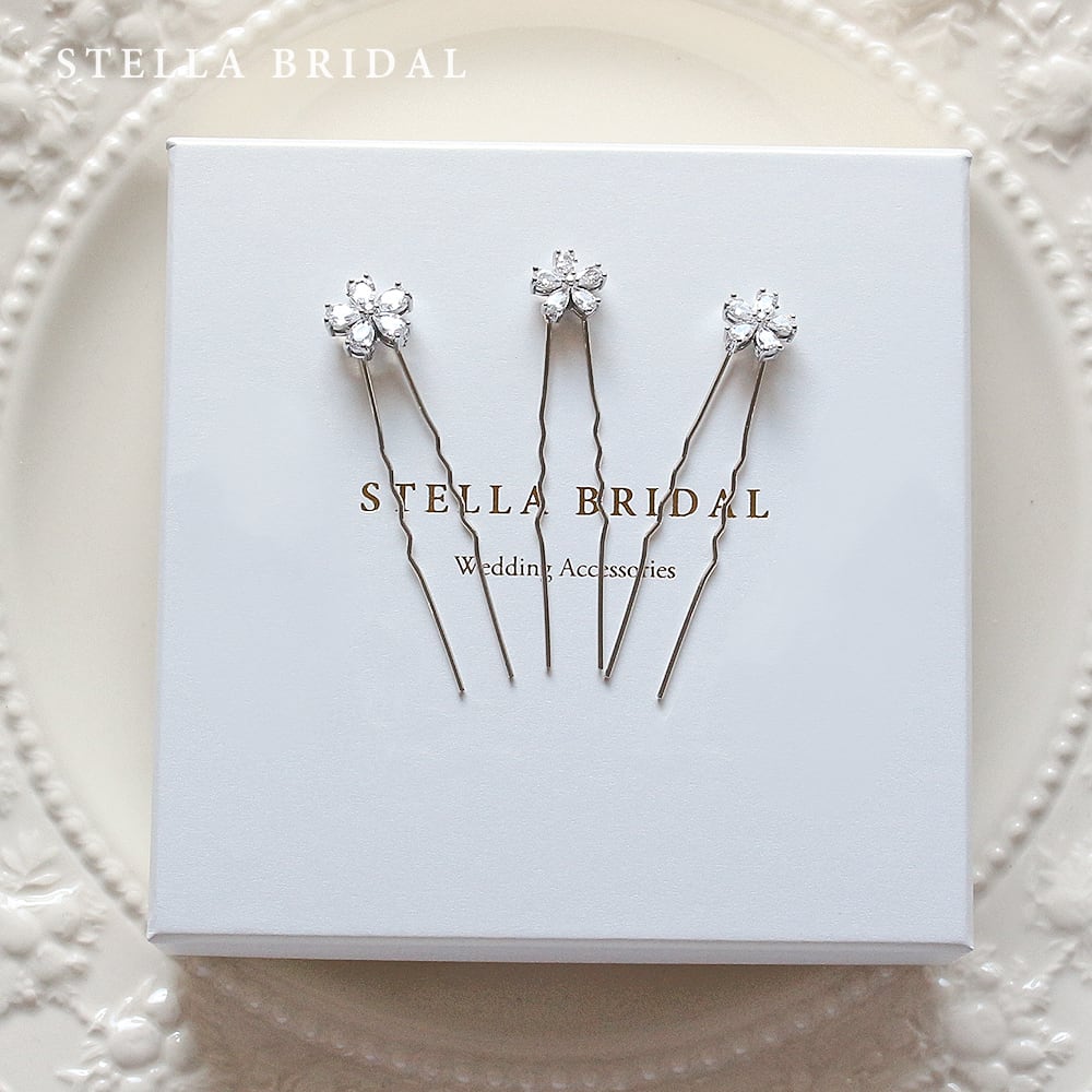 キュービックジルコニア ブライダルヘッドピース スモールフラワー 3ピースセット|ウェディング ヘアピン