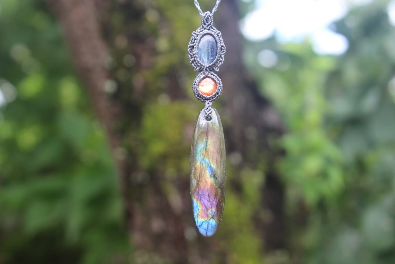 Multi Purple Labradorite & Sunstone & Kyanite micro macrame pendant