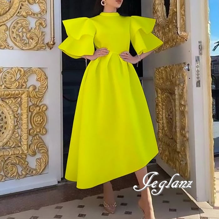 4色 パーティ ドレス ソリッドカラー アシメ ボリューム袖 着映え(O3837)ε