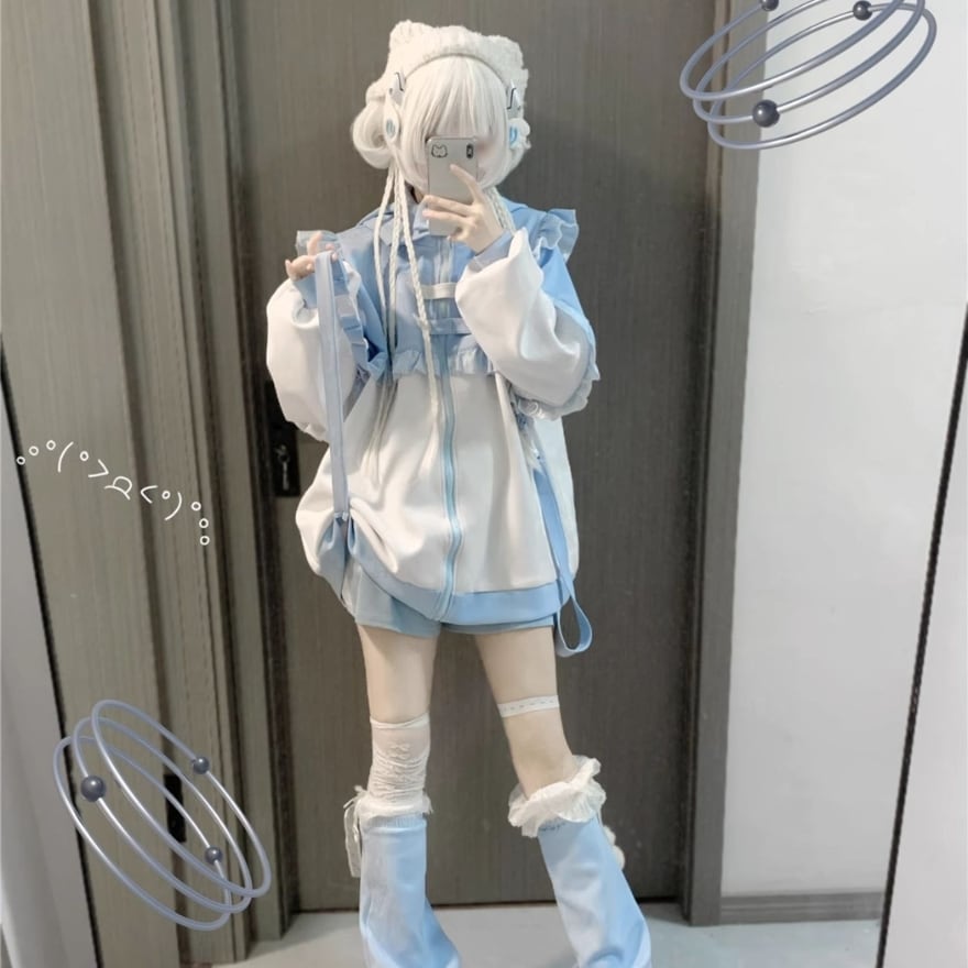 ロリータファッション 天使界隈 水色セットアップ 袖切替レッグカバー