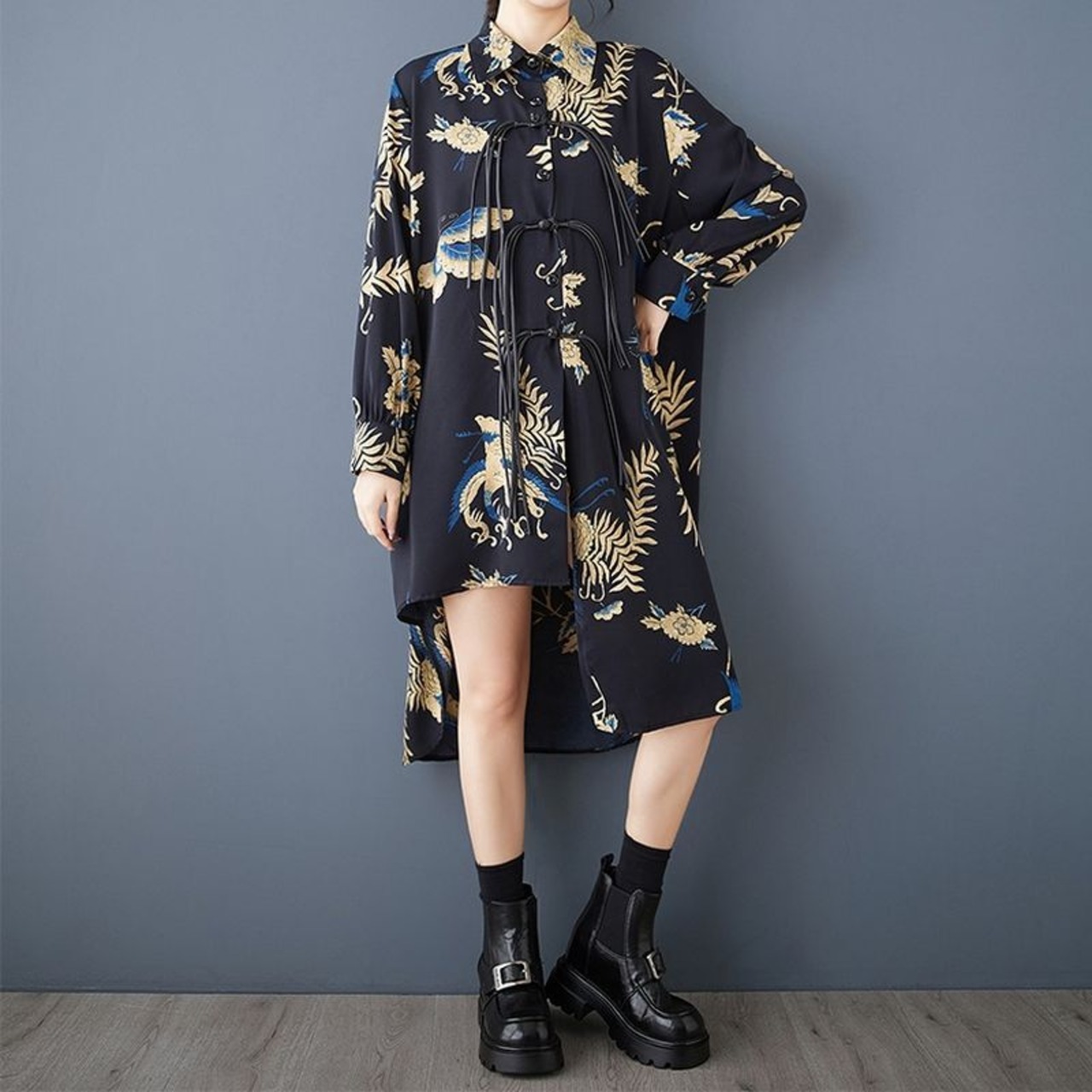 アシンメトリーヘム 紐装飾 ロングシャツ 00073