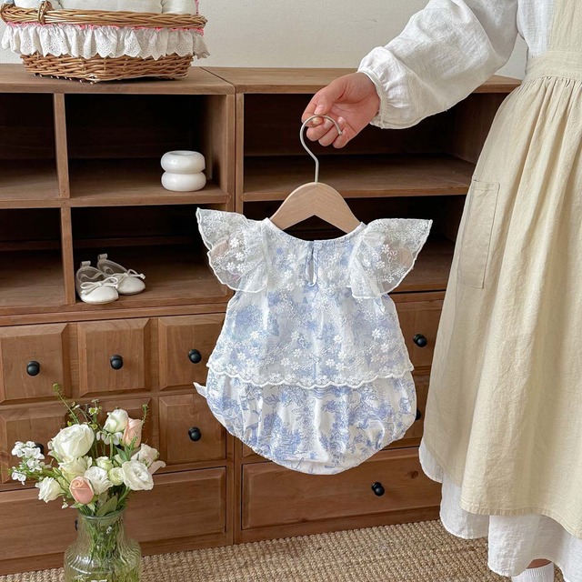 【BABY】水墨画風フラワーフリルレースロンパース - 7