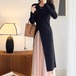 セットアップ レディース ニット ワンピース ロングセーター 長袖 ラウンドネック スリット レイヤード チュールレース ロングスカート レーススカート 上下セット エレガント きれいめ おしゃれ