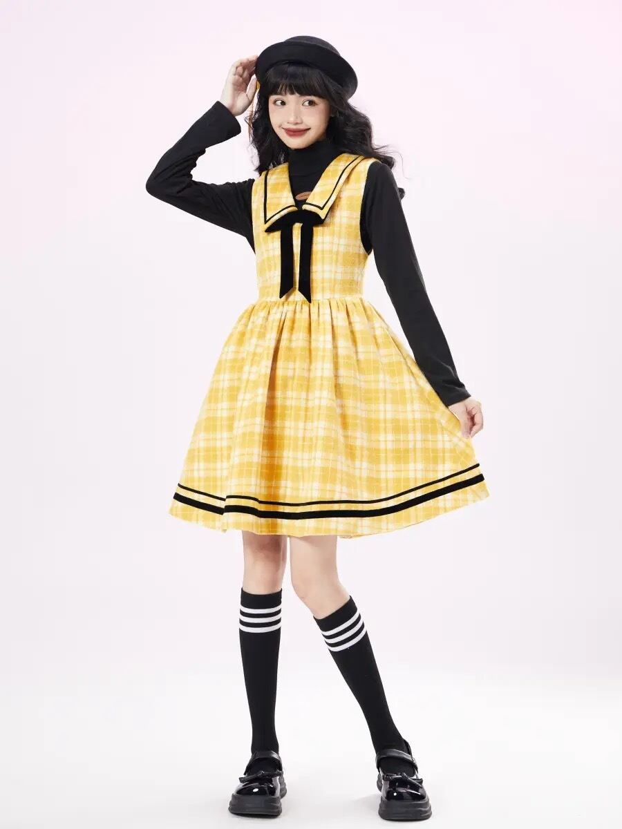 黒 黄色 リボン ワンピース 水色 セーラー 学生 コスプレ スクール