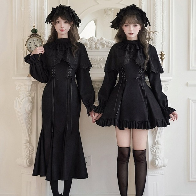ゴスロリ ドレス フェイクツーピース ショール ミドル丈スカート エレガント 大人ゴシック PUJI
