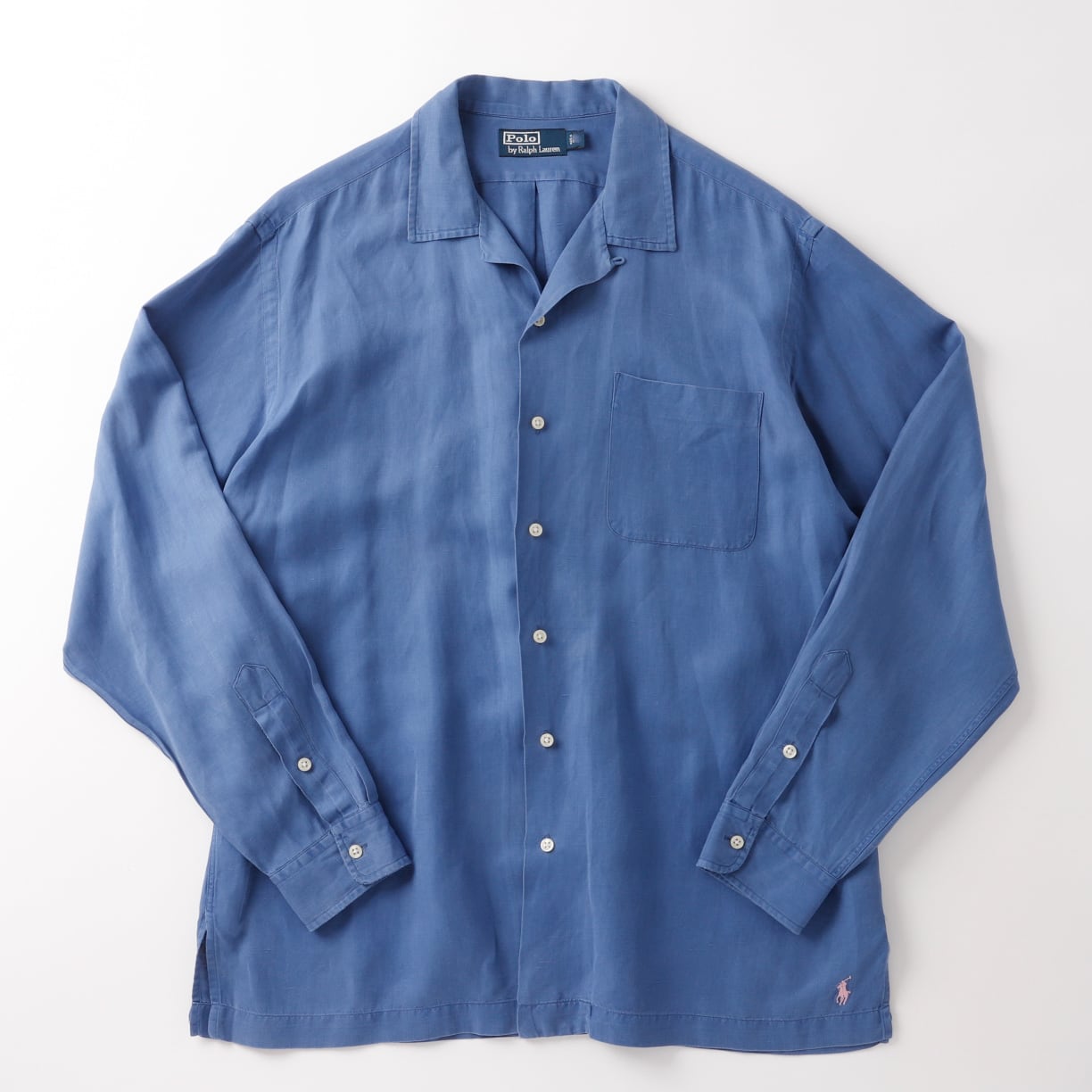極美品】90s Ralph Lauren special linen silk open collar shirt big 