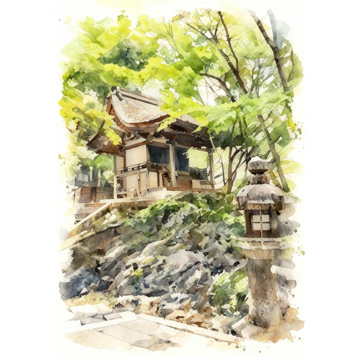 絵画 風景画 日本 滋賀県 大津市石山寺 インテリアアート額付き 水彩画風 WAT1702
