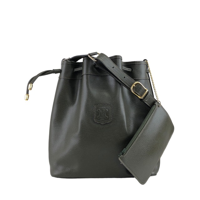 CELINE セリーヌ ショルダーバッグ カーキ ブラゾン型押し レザー 型押し 巾着 vintage ヴィンテージ オールド etn2wr