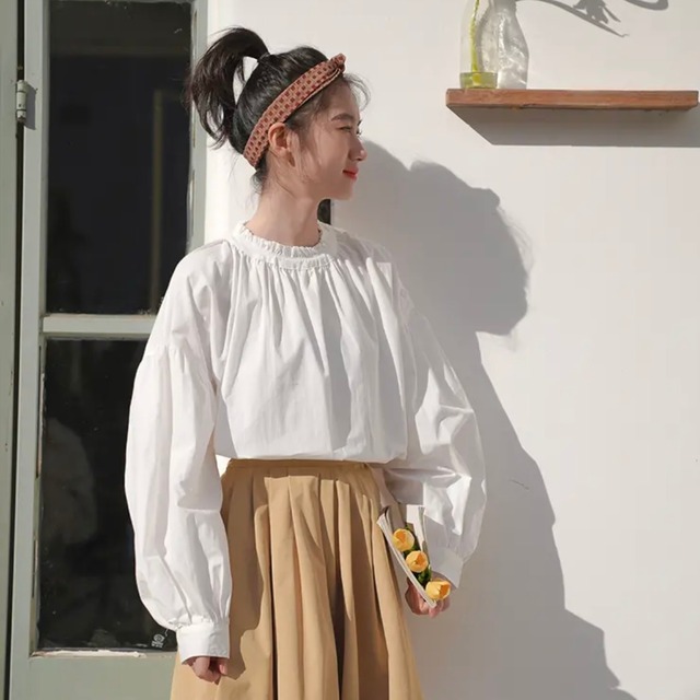 フリルネックブラウス  トップス ブラウス 袖あり 長袖 ハイネック フリル 綿 かわいい 大人可愛い きれいめ シンプル カジュアル 大人 上品 おしゃれ お洒落 大人可愛い 大人女子 ラブリー キュート ガーリー 無地 春 夏 秋 10代 20代 30代 レディース OL 通勤 学生 通学 デート お出かけ 公園デビュー 女子会 休日 着回し 普段使い 重ね着 韓国 韓国系 色展開 6107