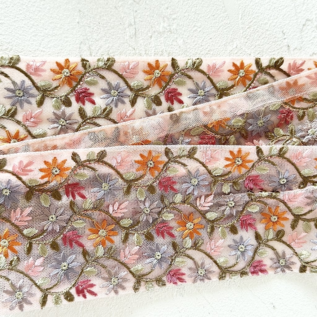 1394 新作*カラフルインド刺繍リボンタッセル*ピンクオレンジカボション 1394 新作*カラフルインド刺繍リボンタッセル*ピンクオレンジ