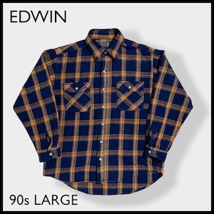 【EDWIN】90s ネルシャツ 長袖シャツ フランネル ヘビーネル 厚手 チェック柄 柄シャツ フラップポケット ネイビー オレンジ LARGE エドウィン 旧タグ US古着