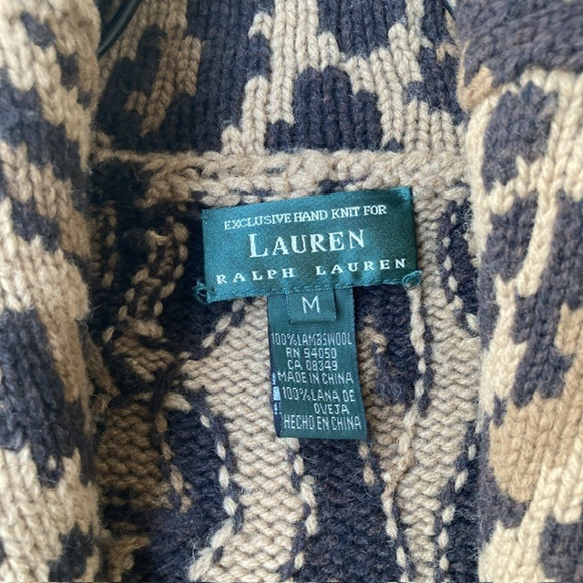 Ralph Lauren ラルフローレン ハンドニットカーディガン 90s レオパード柄 ラムズウール100% ブラウン ヴィンテージ古着 M 画像4