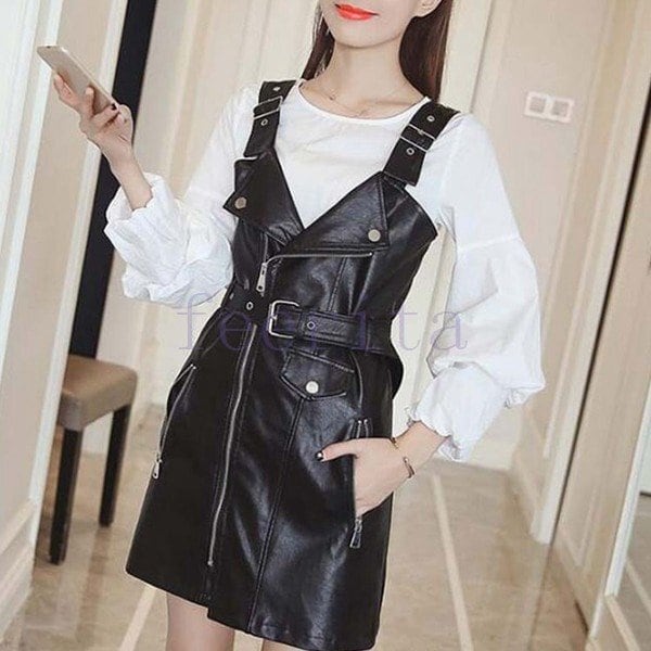 ワンピース サロペットスカート ライダース風 レディース レザー調