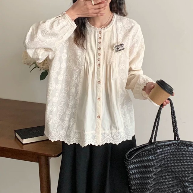 2色/ペイズリー刺繍ピンタックブラウス ・12141