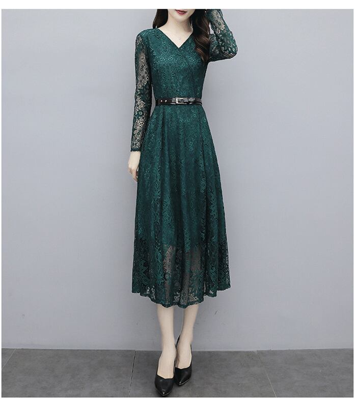 ロング丈ワンピース ロングドレス カジュアルワンピース レースワンピース レディースファション 着痩せ 二次会 女子会 パーティー Vネック 長袖 ロング丈 大きいサイズ M L Ll 3l 4l 5l グリーン 緑 Elegant