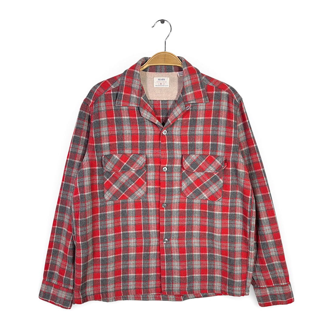 60s シアーズ ヴィンテージ オープンカラーシャツ フラップポケット 開襟シャツ 赤チェック SEARS サイズS相当 古着 CA1529