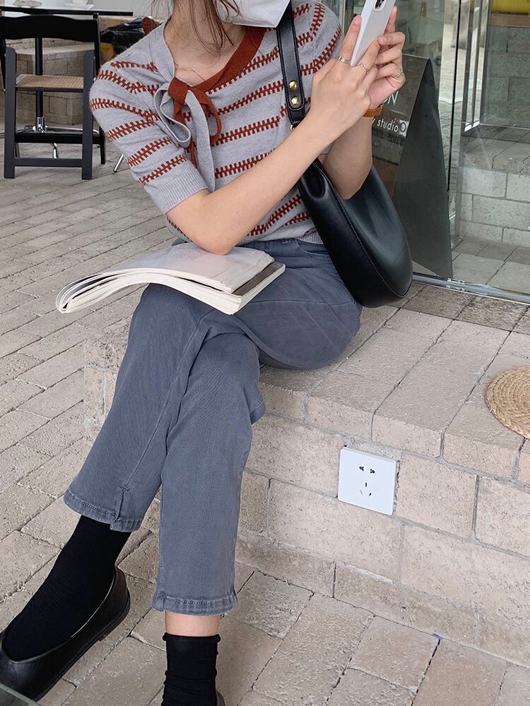 ニットオータムスタンダードスタイルストライプラウンドネックトップス リボン レトロ 秋物 Oネック ビッグFスモールZ韓国12138445014