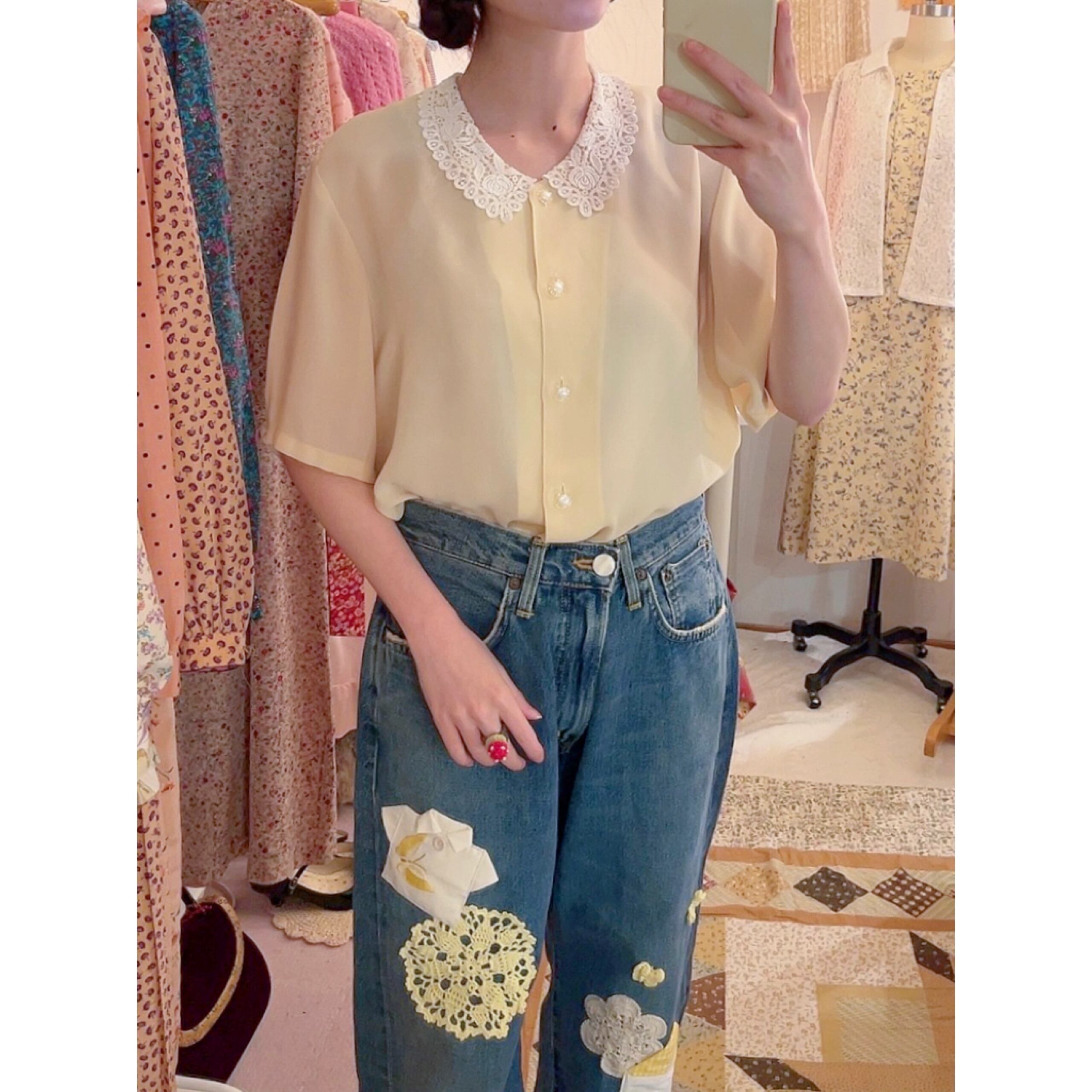 scallop lace collar cream blouse