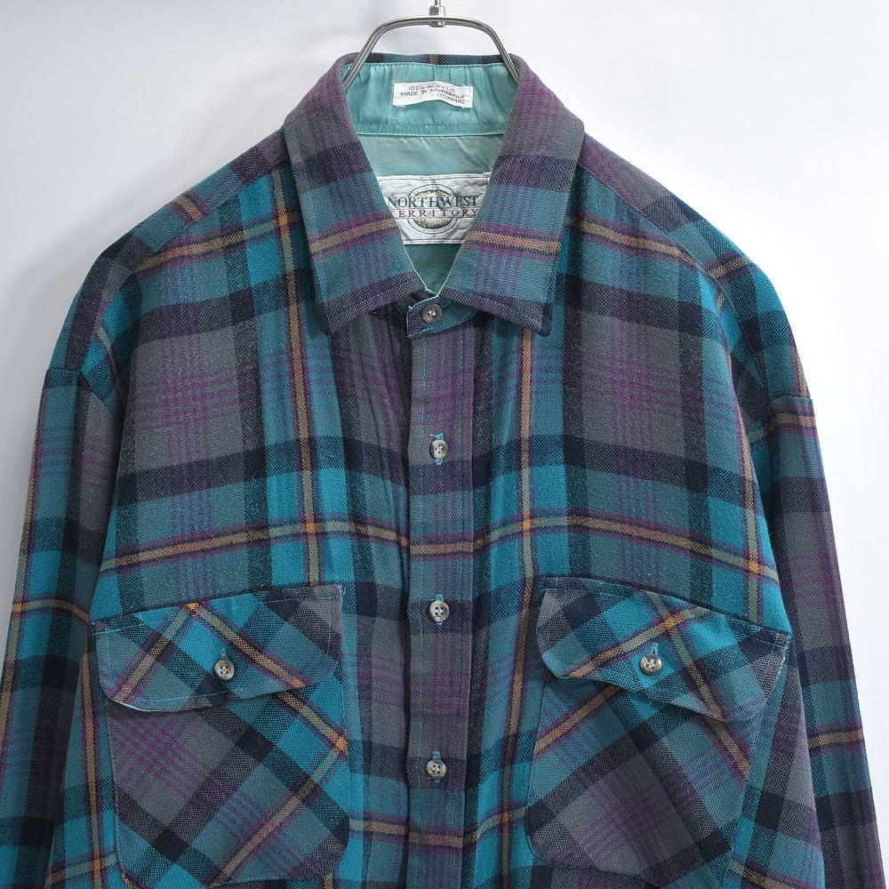 90s NORTHWEST TERRITORY ノースウエスト・テリトリー チェック柄 アクリルウールシャツ ブルーグリーン 格子柄 総柄 ヴィンテージ ビンテージ USA アメリカ古着 メンズLサイズ