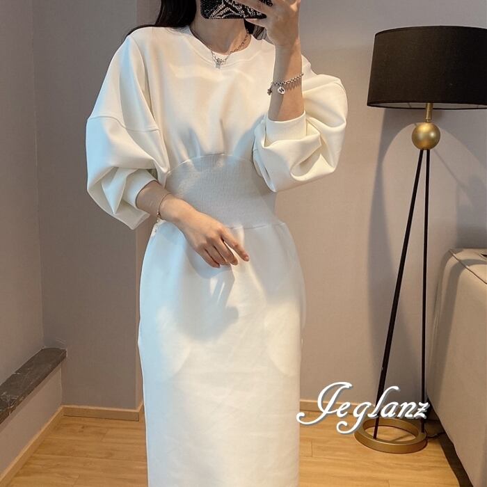 3色 スウェット 長袖 ワンピース ドロップショルダー 大人シック (MB533)λ