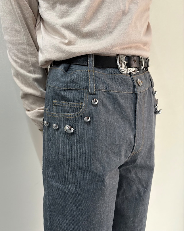 【26SS/Oscar Ouyang】STUDDED JEANS WITH JACQUARD KNIT DETAILS