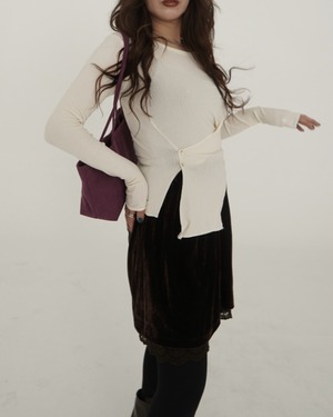 Ribbed Button Detail Long Sleeve Top ／White