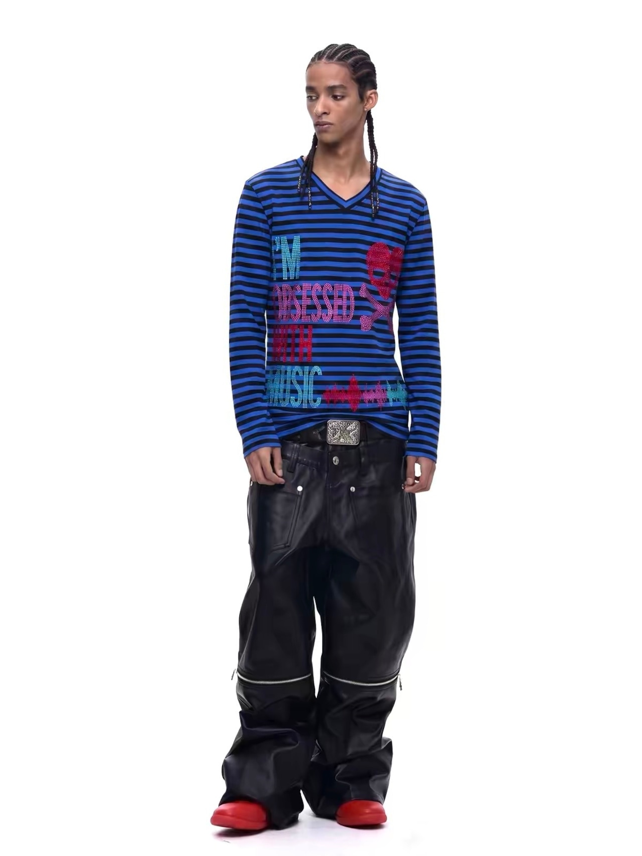 【Fourth3ex】Rhinestone Skull Stripe V-Neck L/S Tee
