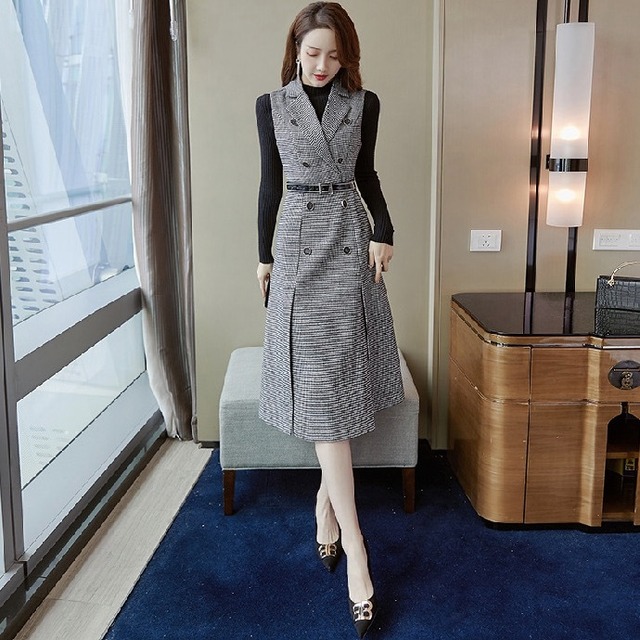 サスペンダー ワンピース ドレス チェック柄 ベスト スリット スーツスカート 襟付き フォーマル 通勤 Fashionlover