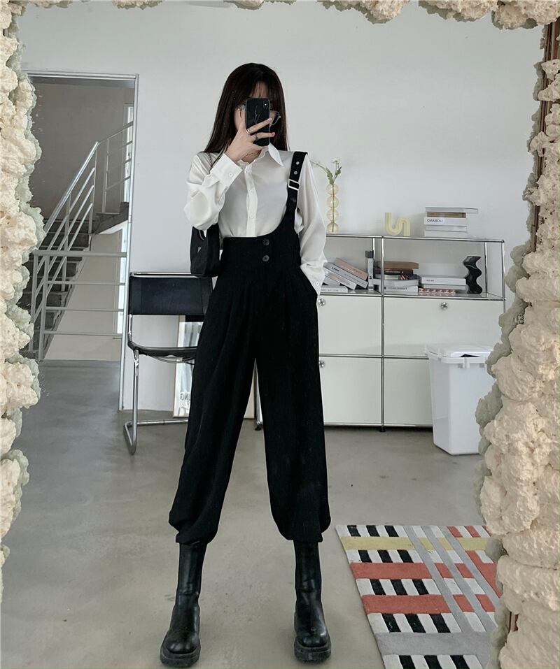 黒のハイウエストスリムツーリングワンショルダーオーバーオールレディース2020秋新作オールマッチハンサムパンツカジュアルパンツ ブラックストロベリース72716685401