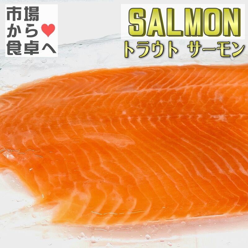 2枚(1枚約650g)【トリムE・皮なし・骨取り】刺身用、脂あります。サラダ・刺身・お寿司などでお召し上がりください　フィーレ　【　サーモン　うまいもの市場　トラウト　冷凍便】