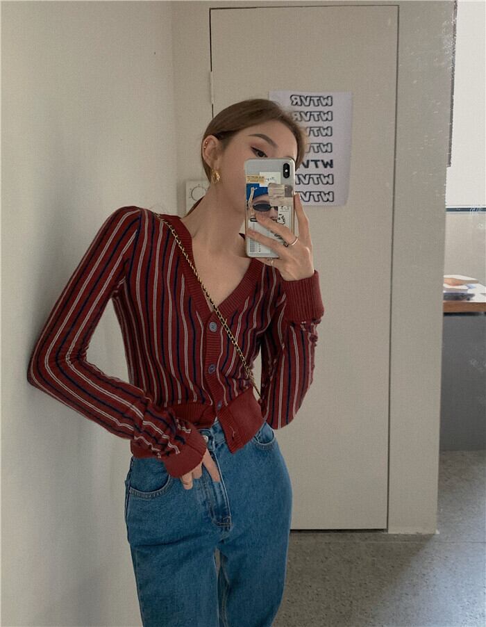 ヨーロッパとアメリカのストライプニットカーディガンレディース秋のスリム長袖セーターコート2020新しい赤いショートトップ ブラックストロベリース710015497