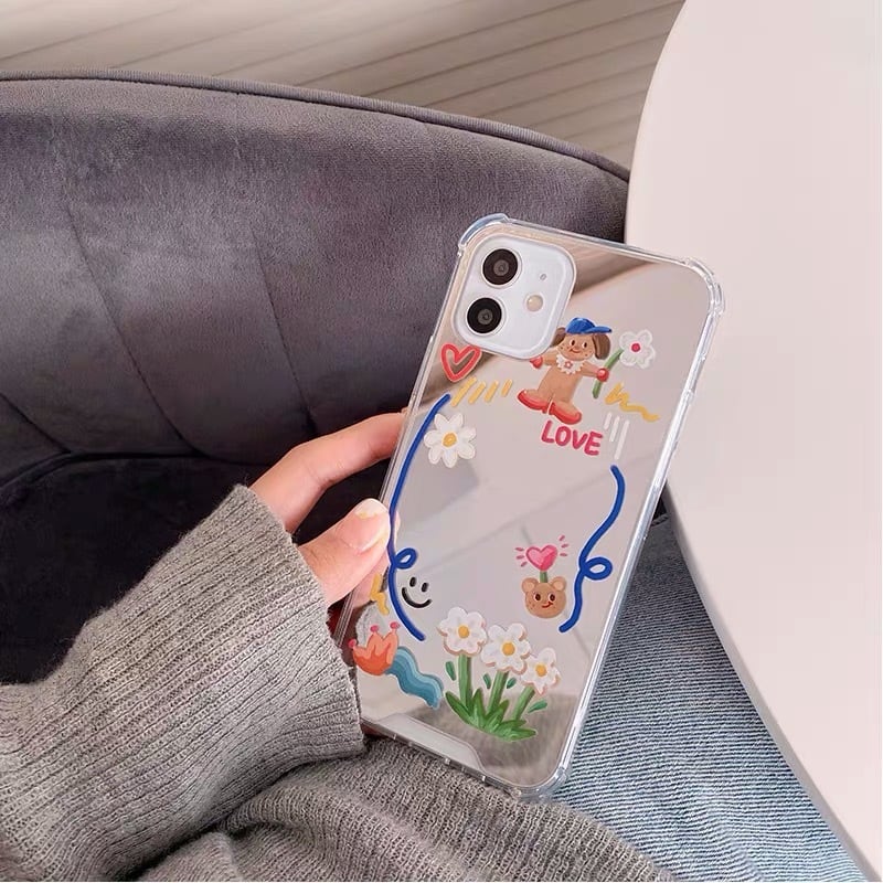 iPhoneケース iPhone13 iPhone12 ミラーケース 鏡 にこちゃん 花 iPhoneケース iPhone13 iPhone12 ミラーケース 鏡 にこちゃん 花