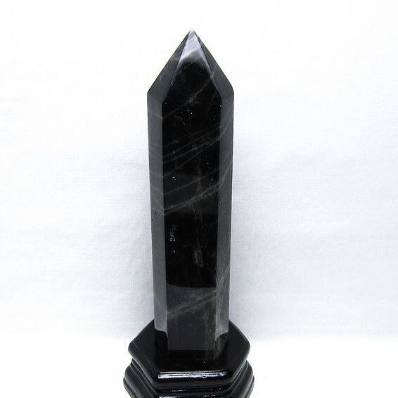 1.2Kg モリオン 六角柱 黒水晶 ポイント 置物 一点物 台座付属 152-4301